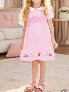 Girls Pink Seersucker Smocked Dress with Peter Pan Collar, embroidery of rabbits